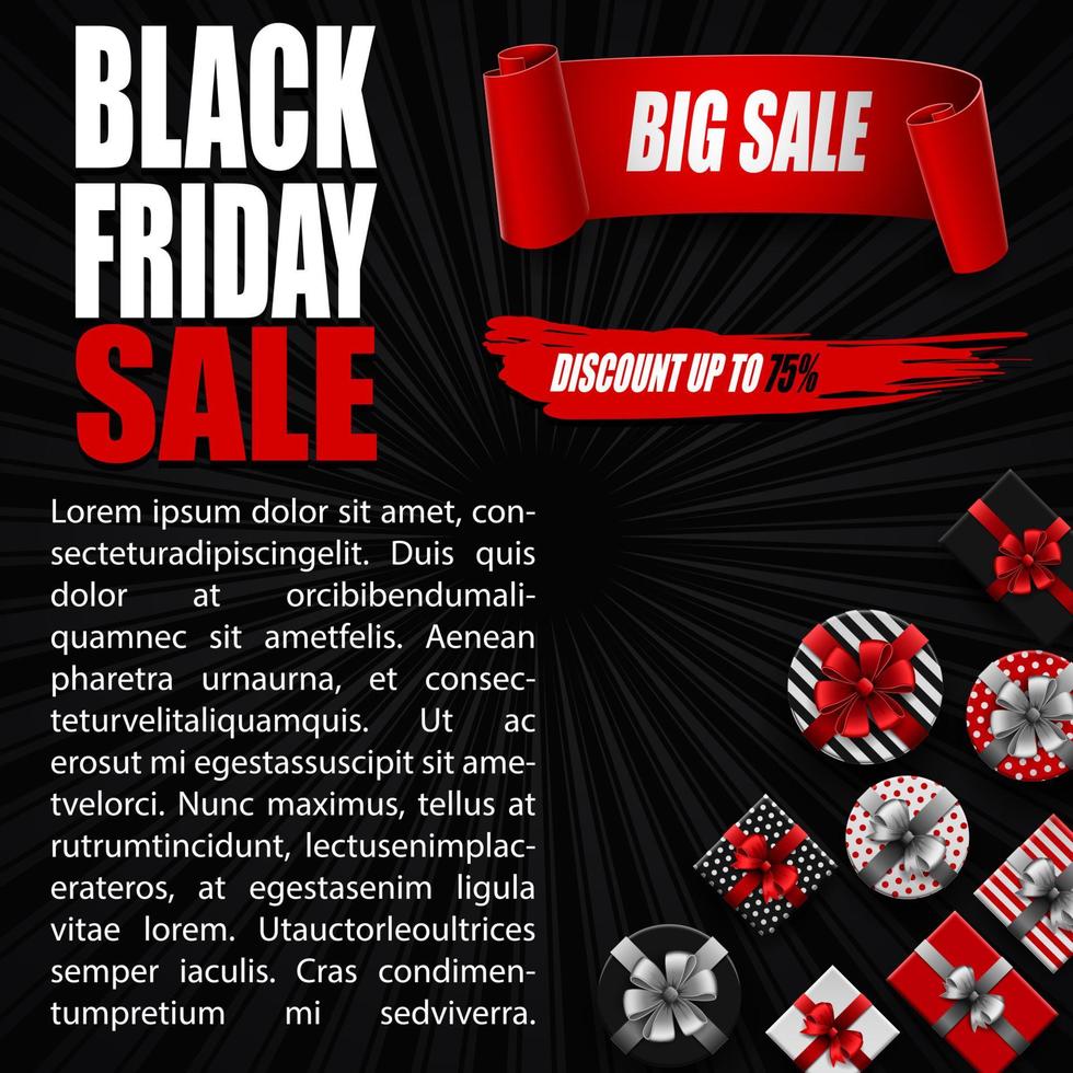 Vector illustration of Black Friday sale banner with different gift boxes and black ribbon
