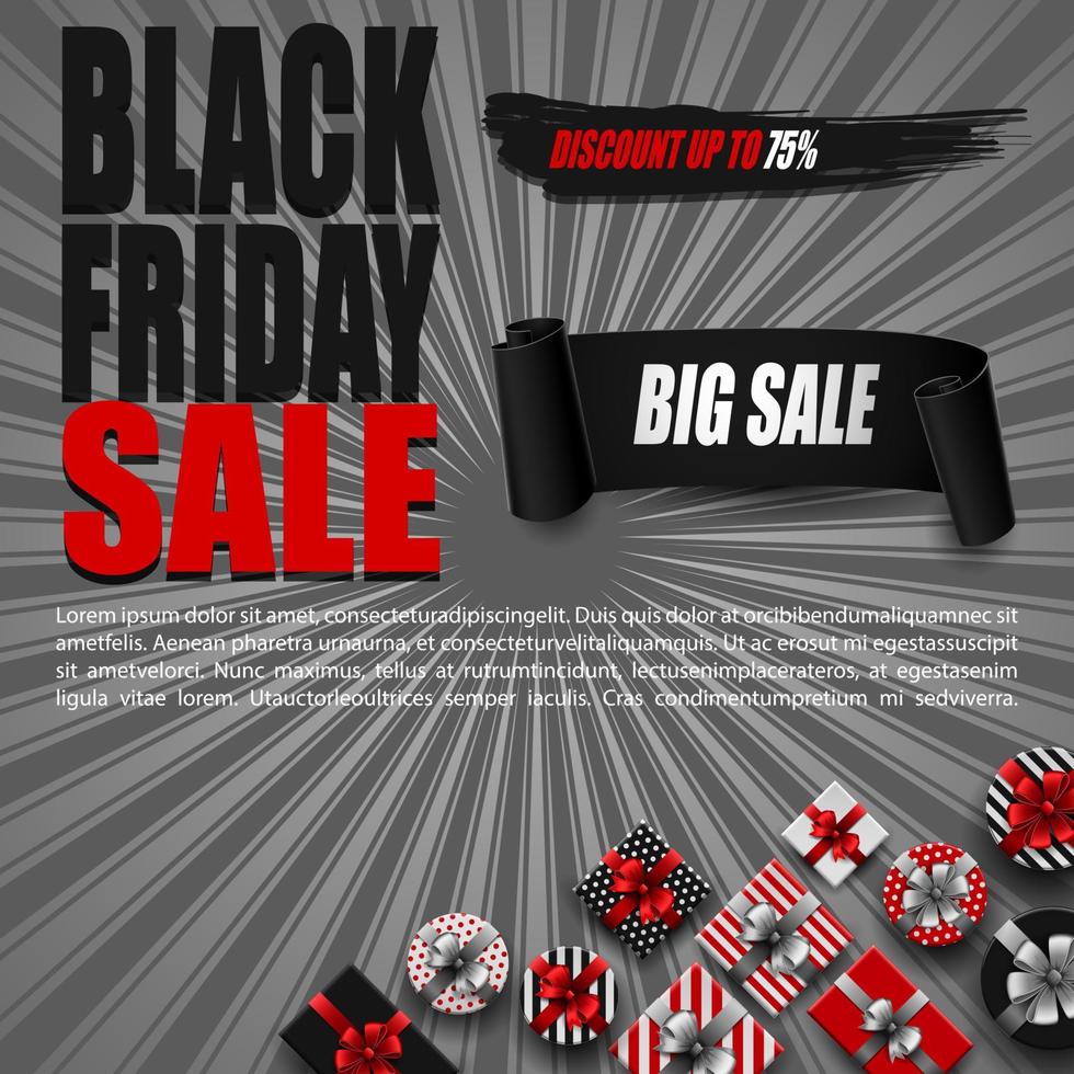 Vector illustration of Black Friday sale banner with different gift boxes and black ribbon