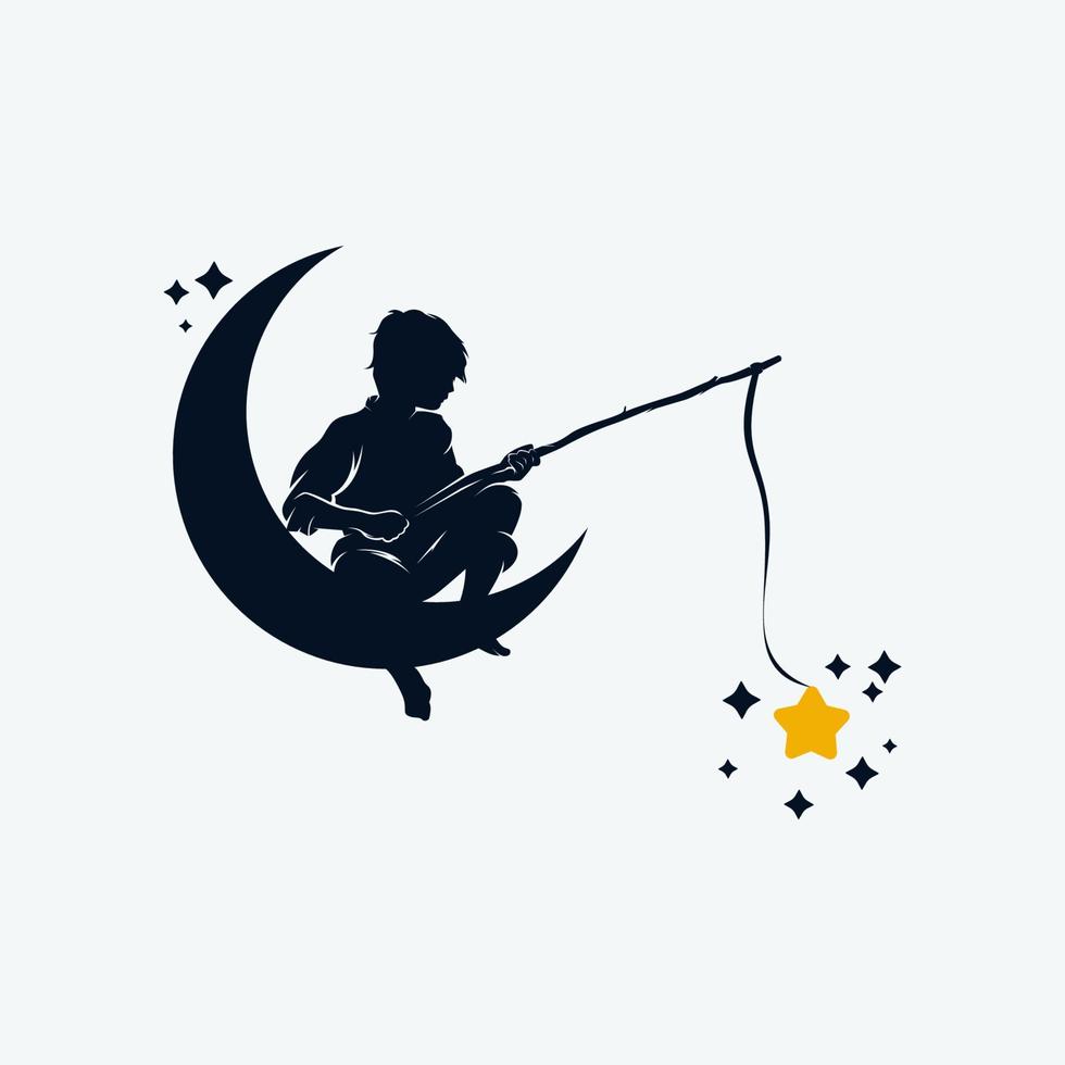 niño pescando en la plantilla de diseño del logotipo de la luna vector