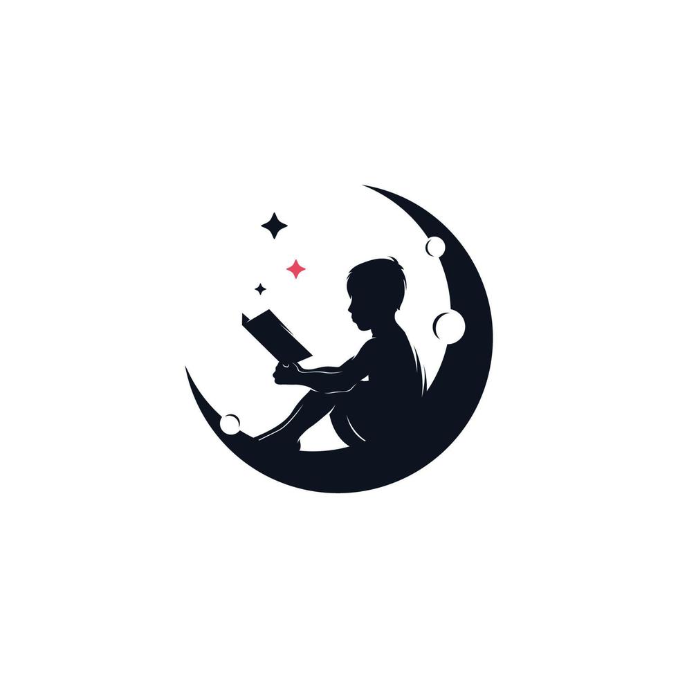 Cute little boy reading book on the moon logo design vector