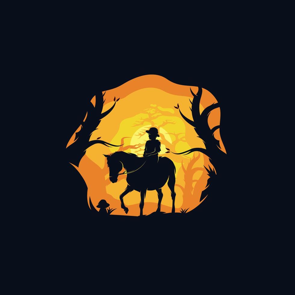 A girl riding a horse on the night forest logo vector