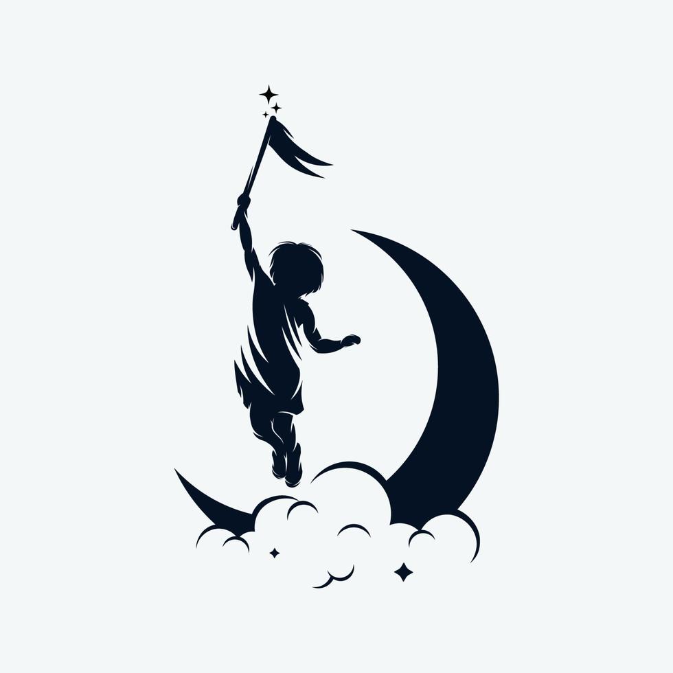 A child is flying holding a flag on the moon logo design template vector