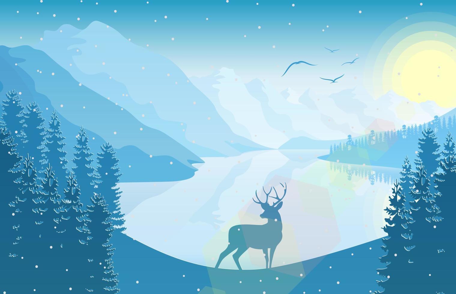 paisaje de montaña de invierno con ciervos y bosques en la caída de nieve vector