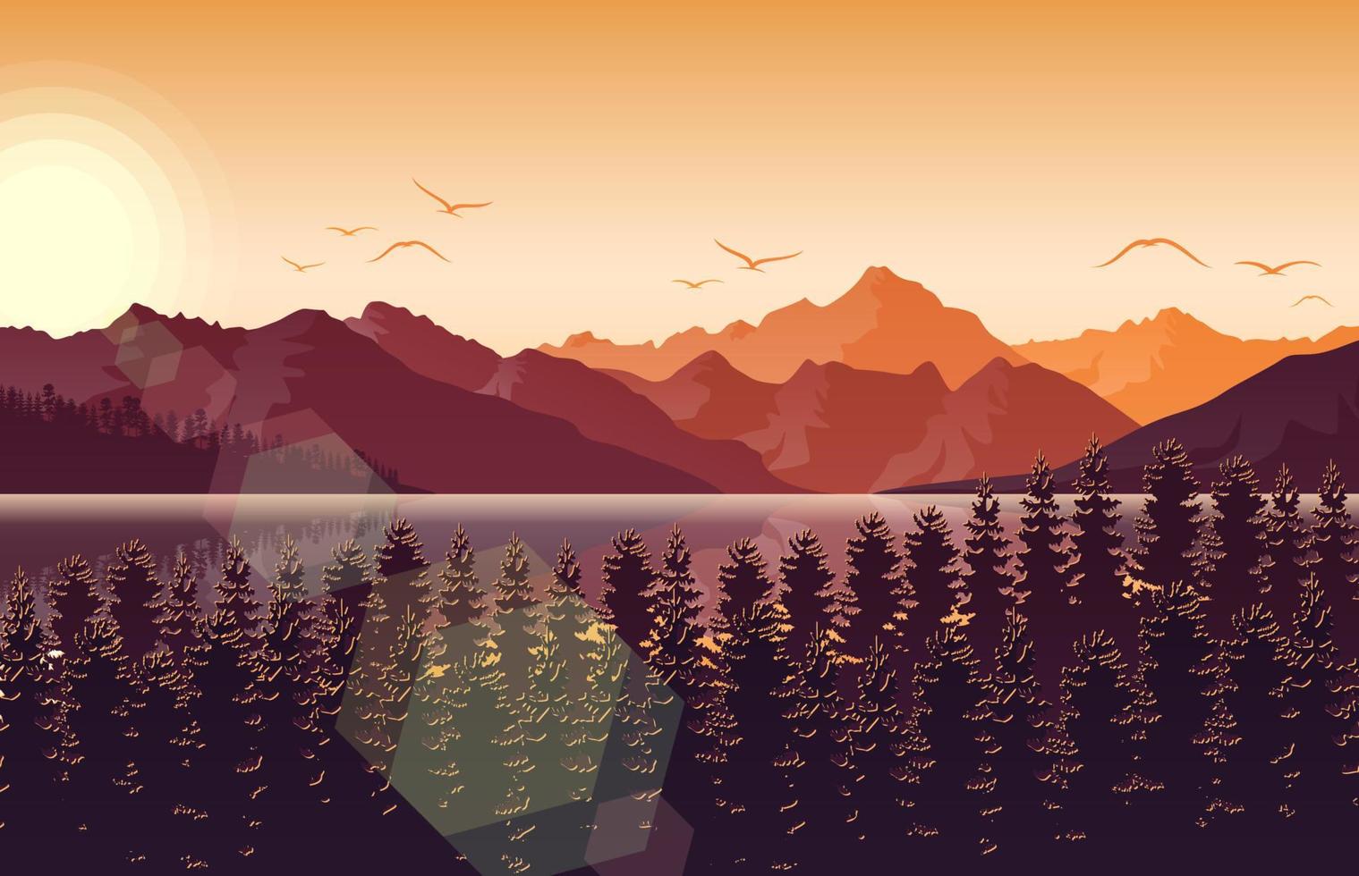 Mountain landscape with deer and forest at sunset vector