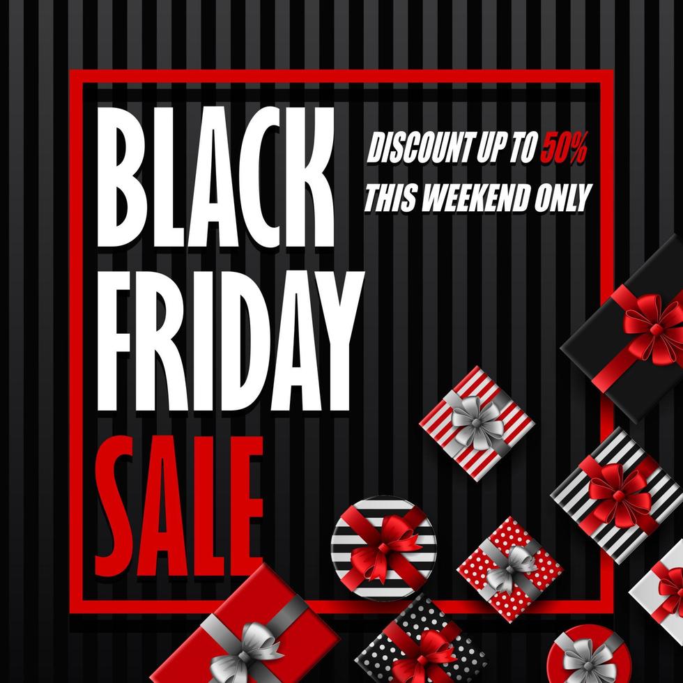 Vector illustration of Black Friday sale banner with different gift boxes and black ribbon