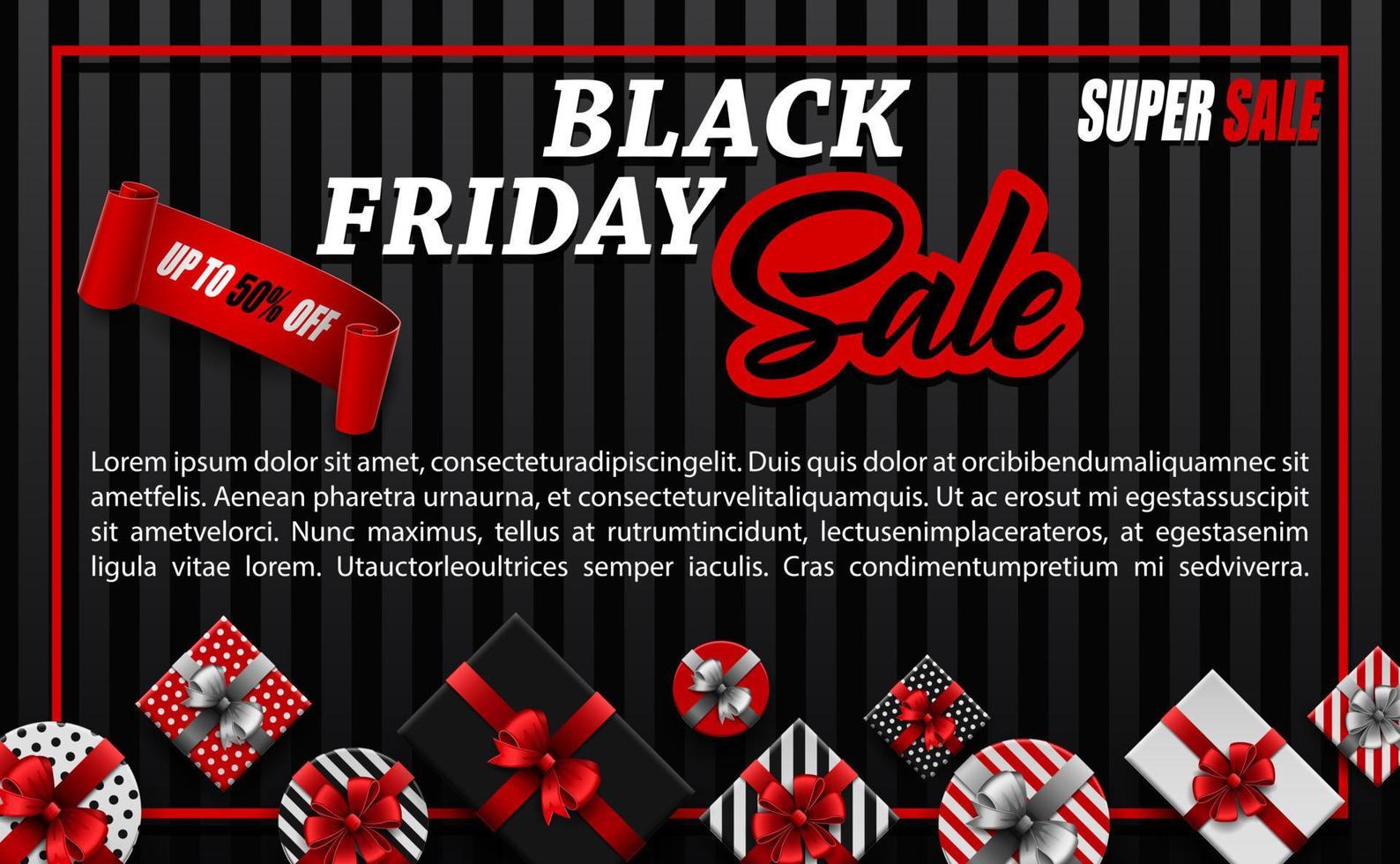 Vector illustration of Black Friday sale banner with different gift boxes and black ribbon