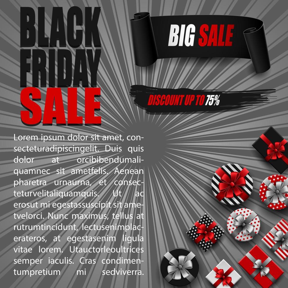 Vector illustration of Black Friday sale banner with different gift boxes and black ribbon