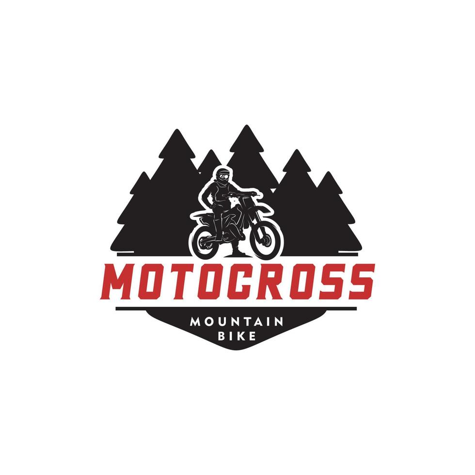 silueta de motocross en la plantilla de diseño del logotipo del bosque vector