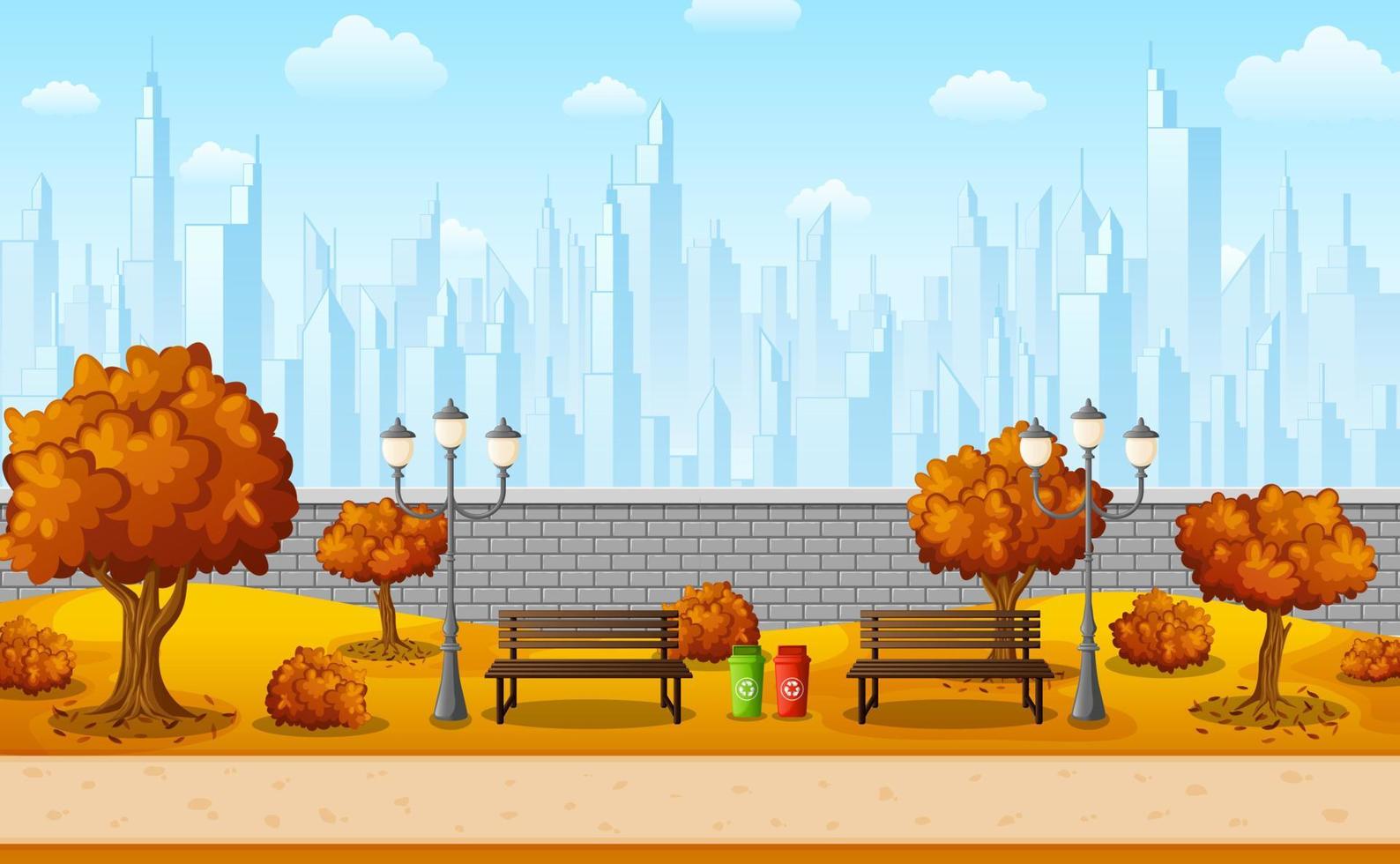 parque de la ciudad de otoño con banco y farola en los suburbios vector