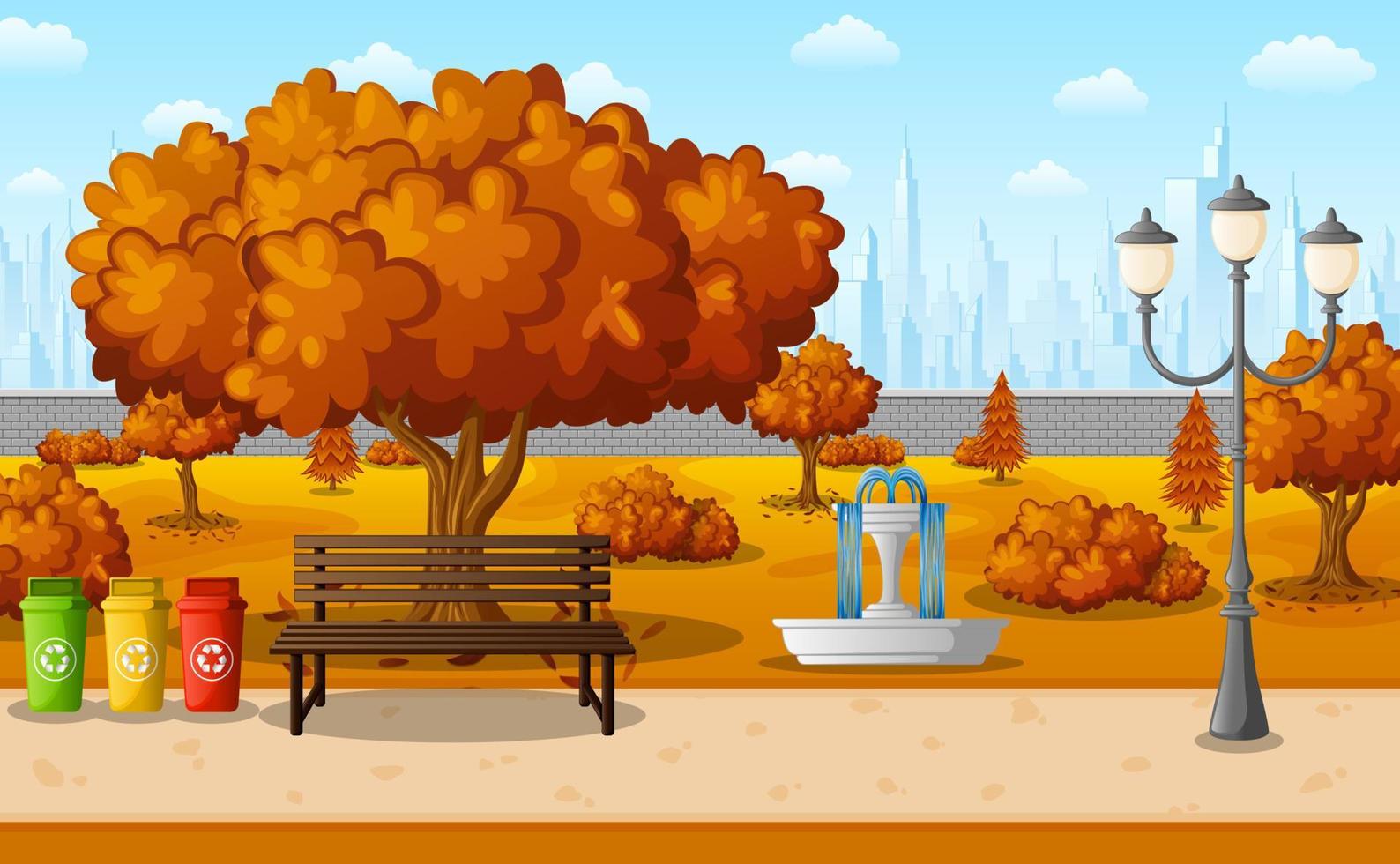 Autumn city park with bench and streetlight on suburban vector