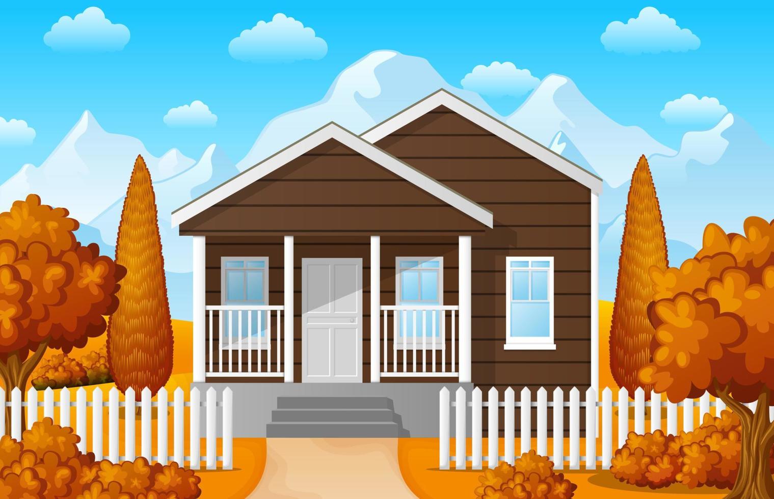 ilustración vectorial del paisaje montañoso con casa familiar en temporada de otoño vector