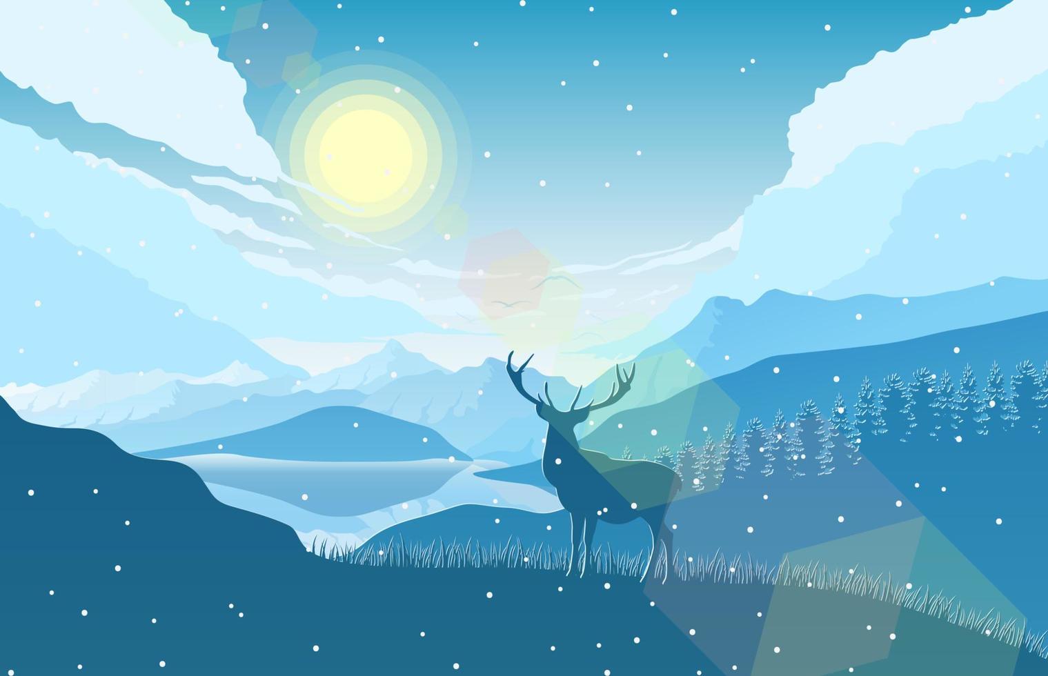 Vector illustration of Mountain landscape with deer and forest at morning