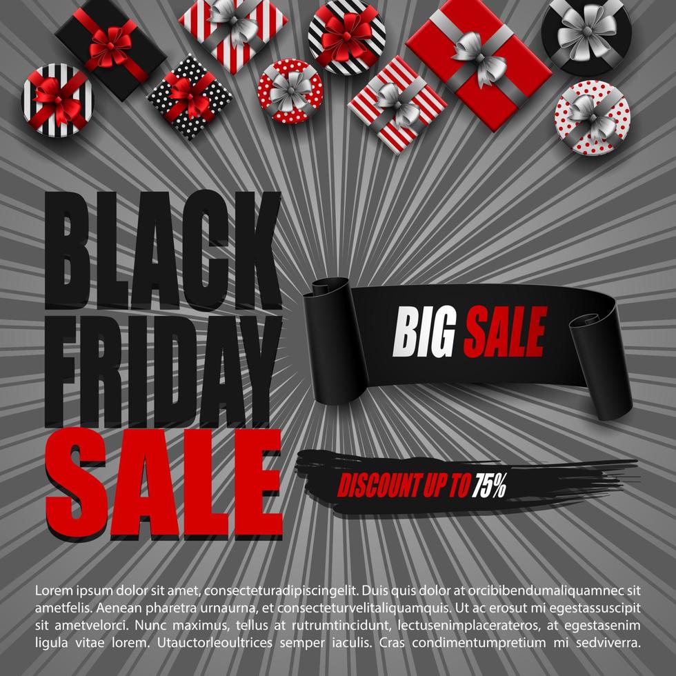 ilustración vectorial del banner de venta de viernes negro con diferentes cajas de regalo y cinta negra vector