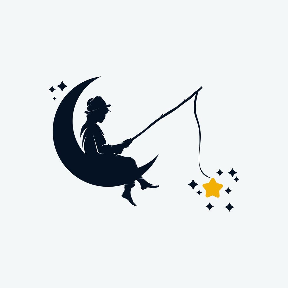 niño pescando en la plantilla de diseño del logotipo de la luna vector