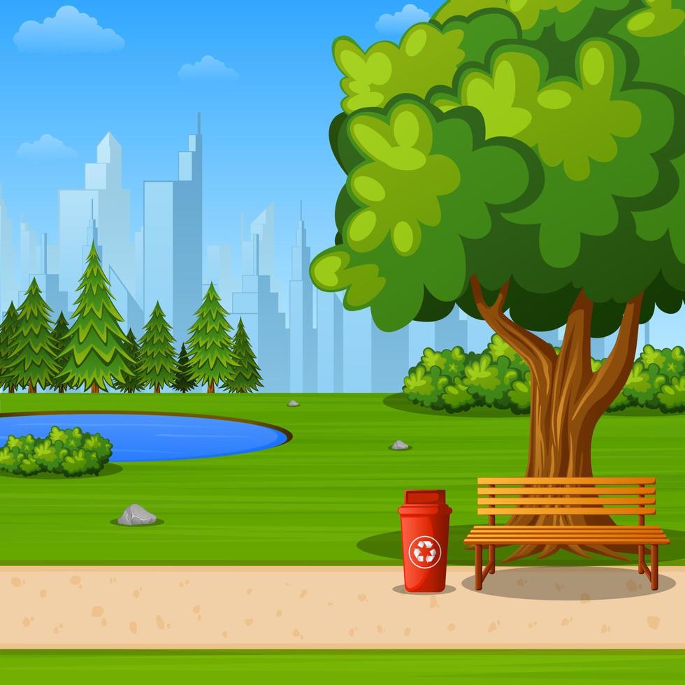 Green city park with bench and streetlight on suburban vector