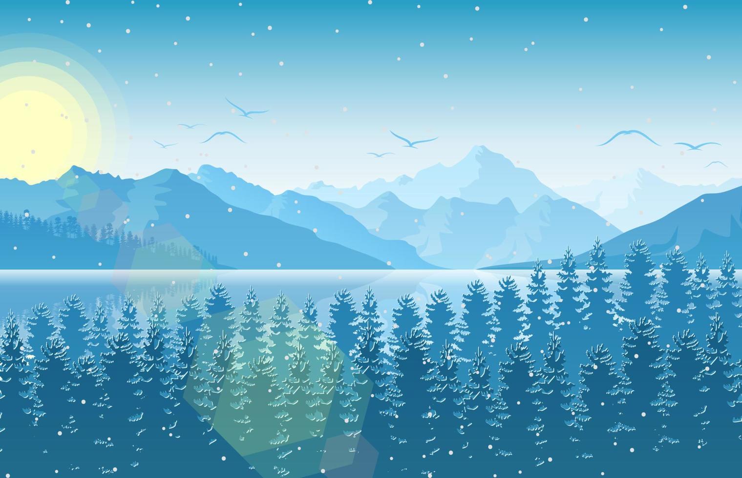 Winter mountain landscape with deer and forest at falling snow vector