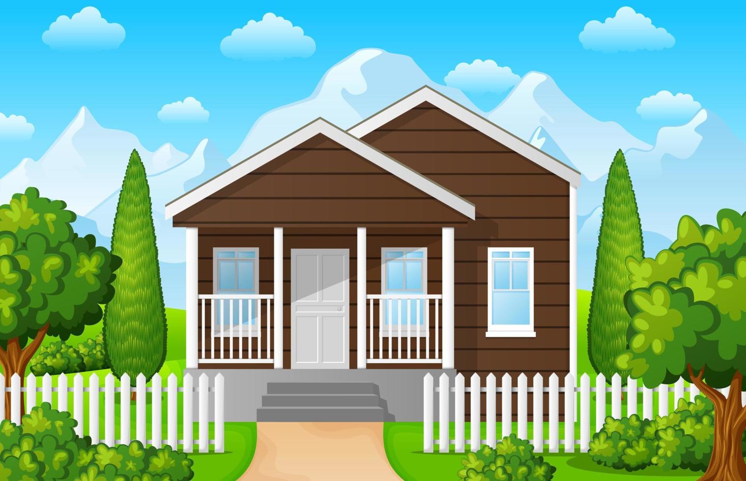 ilustración vectorial del paisaje de montaña con casa familiar sobre fondo de cielo azul vector