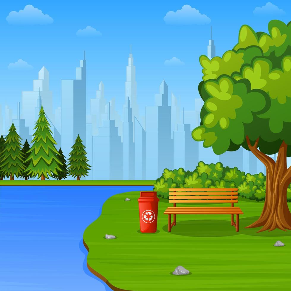 Green city park with bench and streetlight on suburban vector