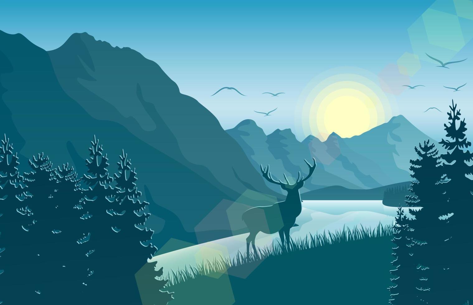 Vector illustration of Mountain landscape with deer and forest at morning
