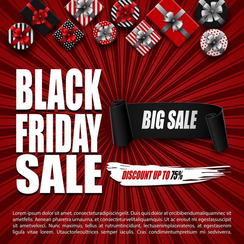 Vector illustration of Black Friday sale banner with different gift boxes and black ribbon