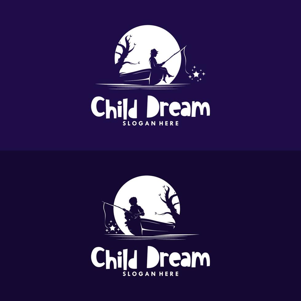 Set of boy fishing a star in the moon logo design vector