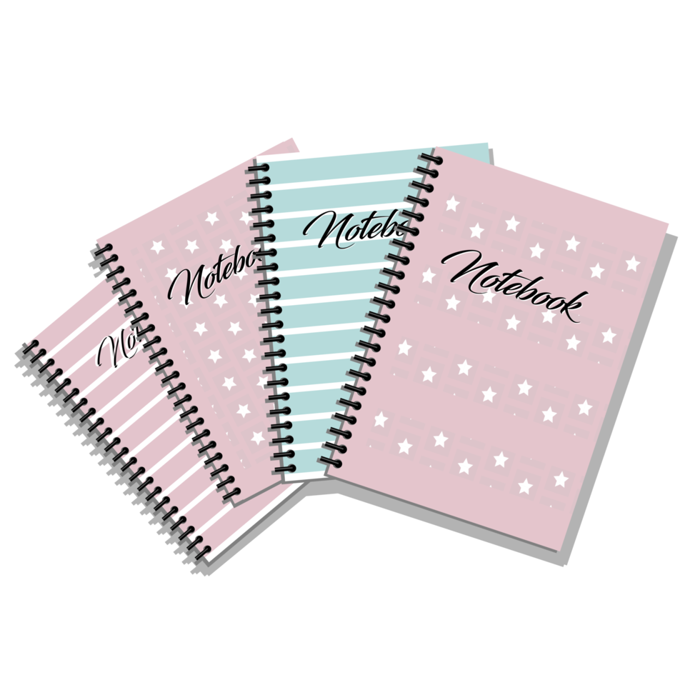 A group of school notebooks in pastel colors, some of them carry white stars with a pink background, and some of them have broad stripes with the word notebook written on them png