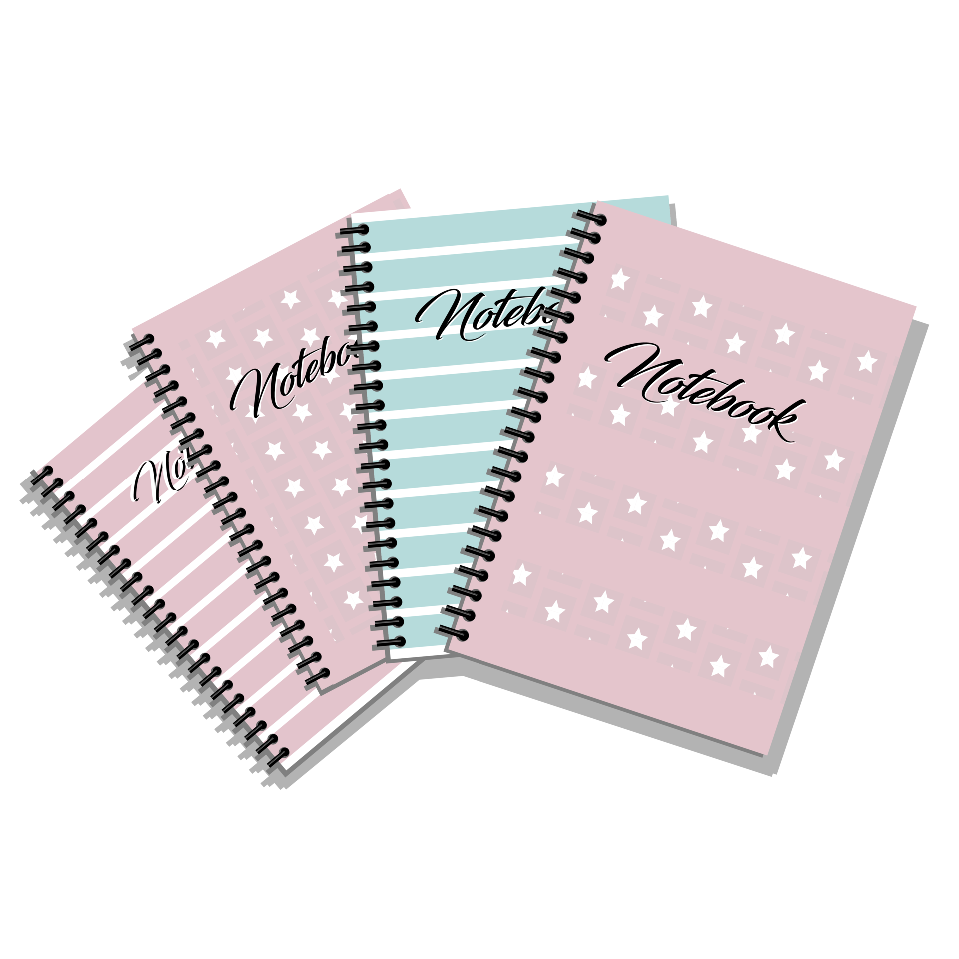 A group of school notebooks in pastel colors, some of them carry white  stars with a pink background, and some of them have broad stripes with the  word notebook written on them