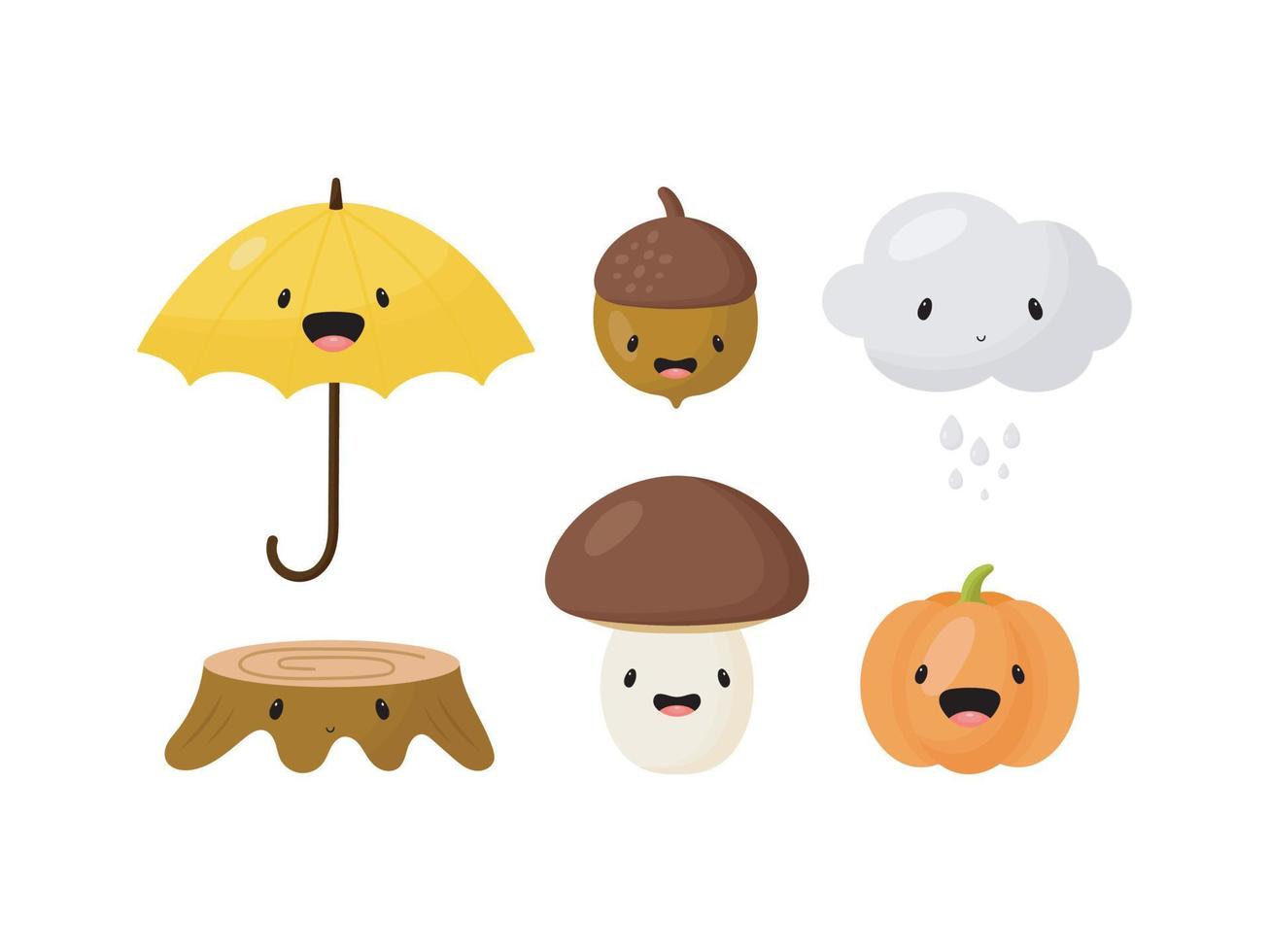 conjunto de otoño de dibujos animados. ilustración vectorial lindo paraguas, nuez, hongo, nube, calabaza, tocón. bueno para tarjetas, íconos, pegatinas, huellas, etc. vector