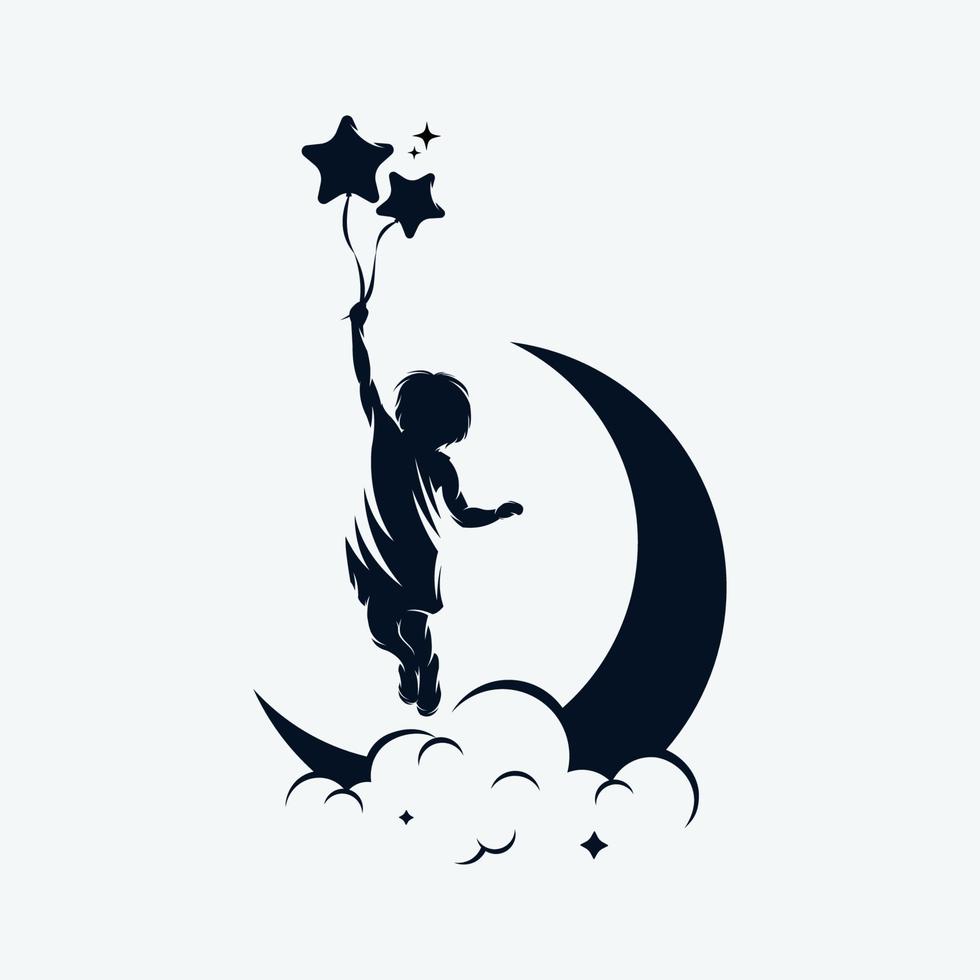 A child is flying holding balloons on the moon logo design template vector
