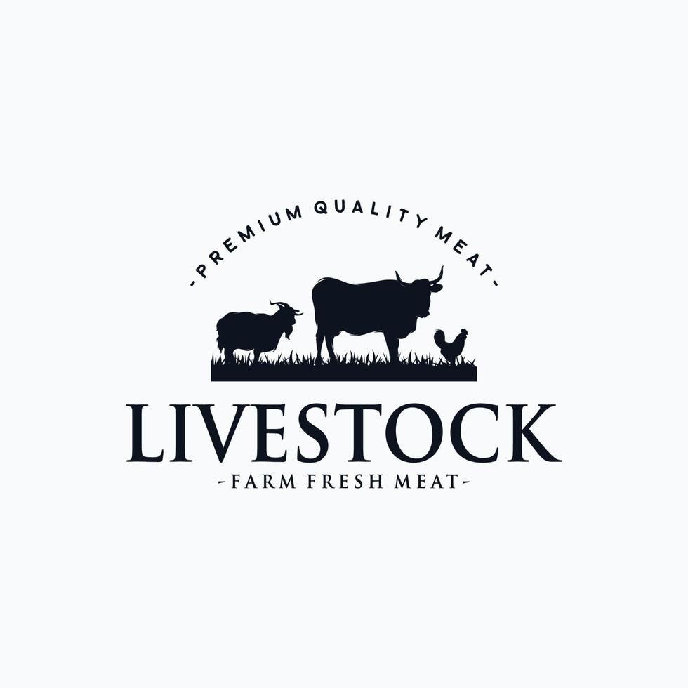 Livestock vintage logo with cow, chicken, and goat with white background vector