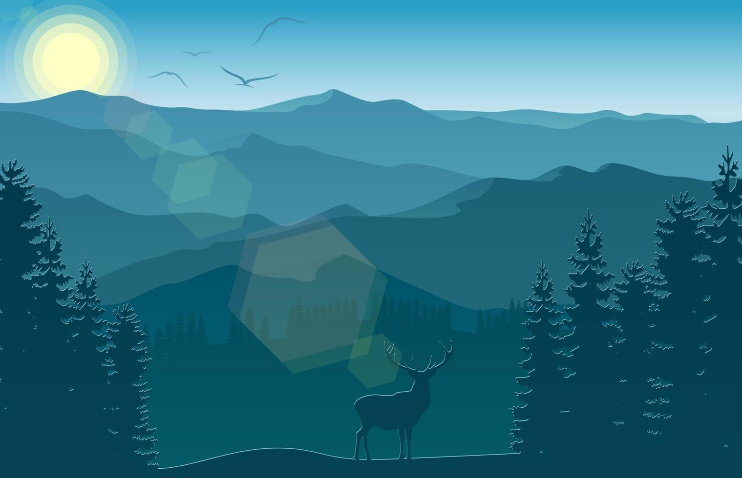 ilustración vectorial del paisaje montañoso con ciervos y bosques por la mañana vector