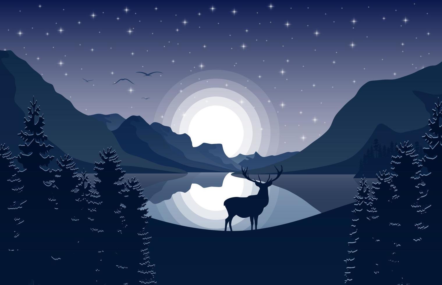 paisaje de montaña con ciervos y bosques por la noche vector