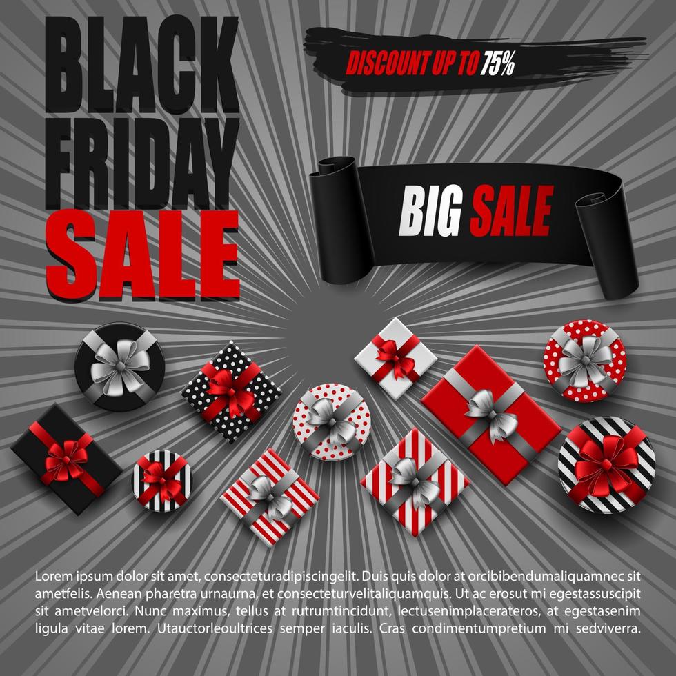 Vector illustration of Black Friday sale banner with different gift boxes and black ribbon