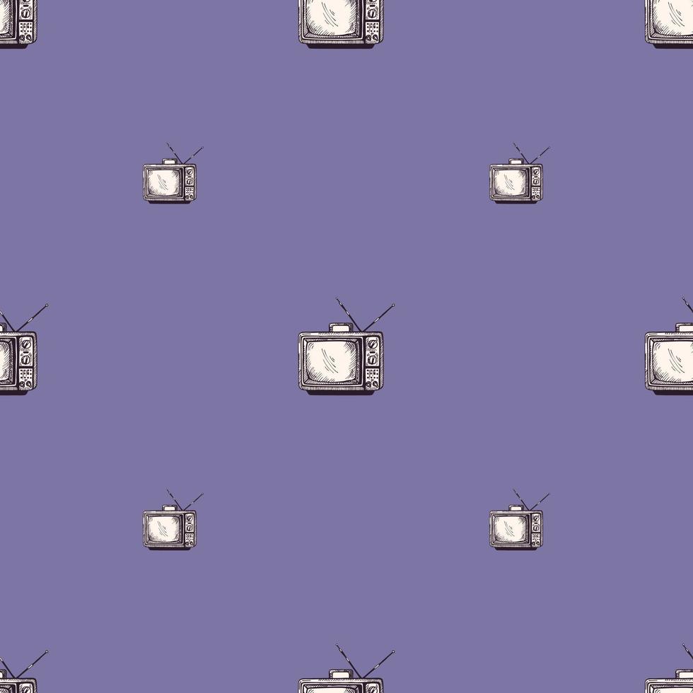 Retro TV with antenna engraved seamless pattern. Vintage television in hand drawn style. vector