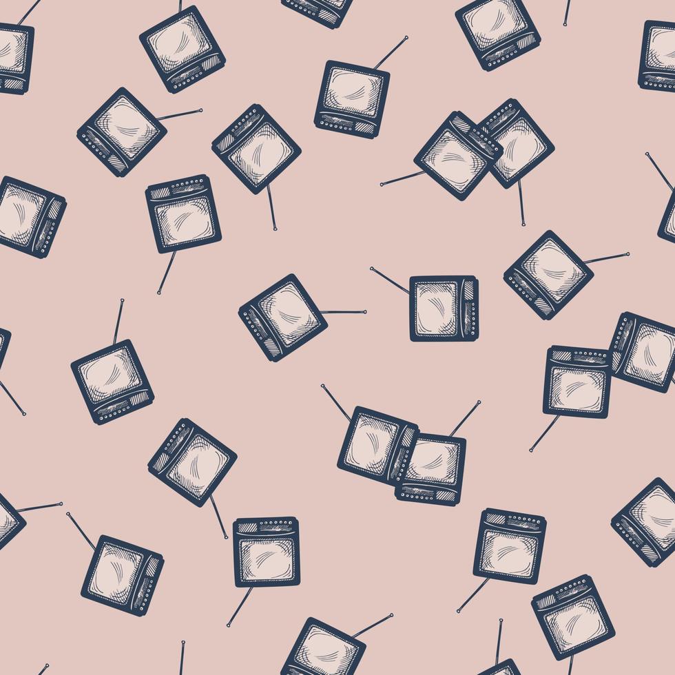 Retro TV with antenna engraved seamless pattern. Vintage television in hand drawn style. vector