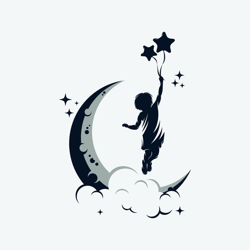 A child is flying holding balloons on the moon logo design template vector