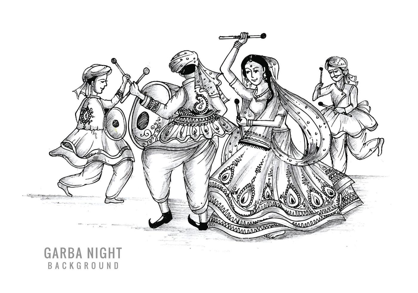 Beautiful couple playing dandiya in disco garba night sketch background vector