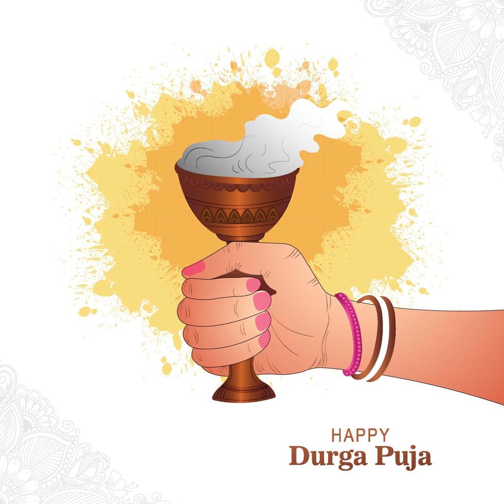 Hand holding durga puja clay dhunuchi with smoke indian puja festival background vector