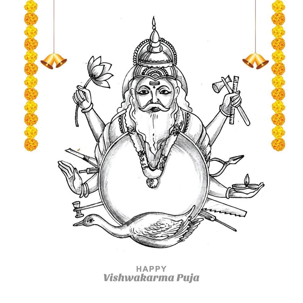 Hand draw hindu god vishwakarma sketch and vishwakarma puja celebration design vector