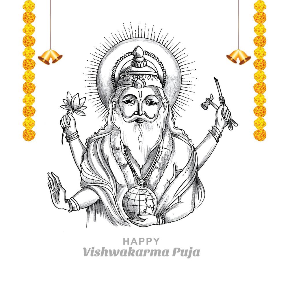Hand draw hindu god vishwakarma sketch and vishwakarma puja ...