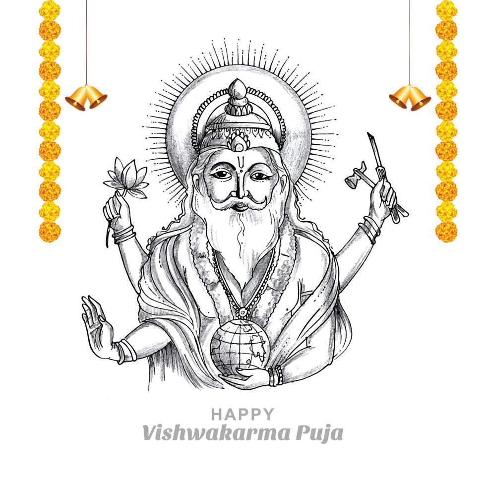 dibujar a mano dios hindú vishwakarma sketch y vishwakarma puja fondo de vacaciones vector