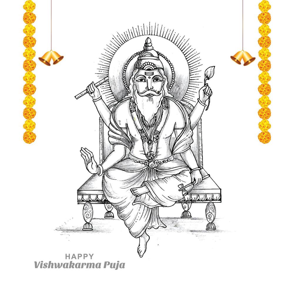 Hand draw hindu god vishwakarma sketch and vishwakarma puja celebration design vector