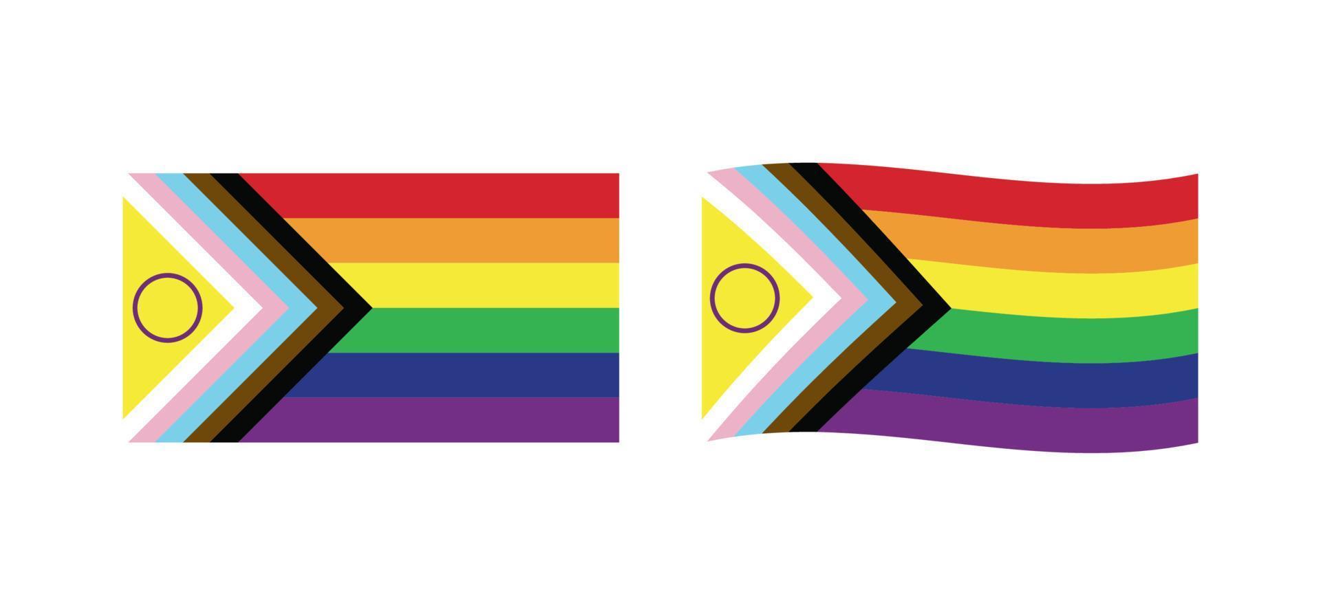 nuevo vector de bandera de orgullo lgbtq actualizado. Bandera de orgullo de progreso inclusivo intersexual. bandera de bandera para lgbt, o orgullo lgbtqia.