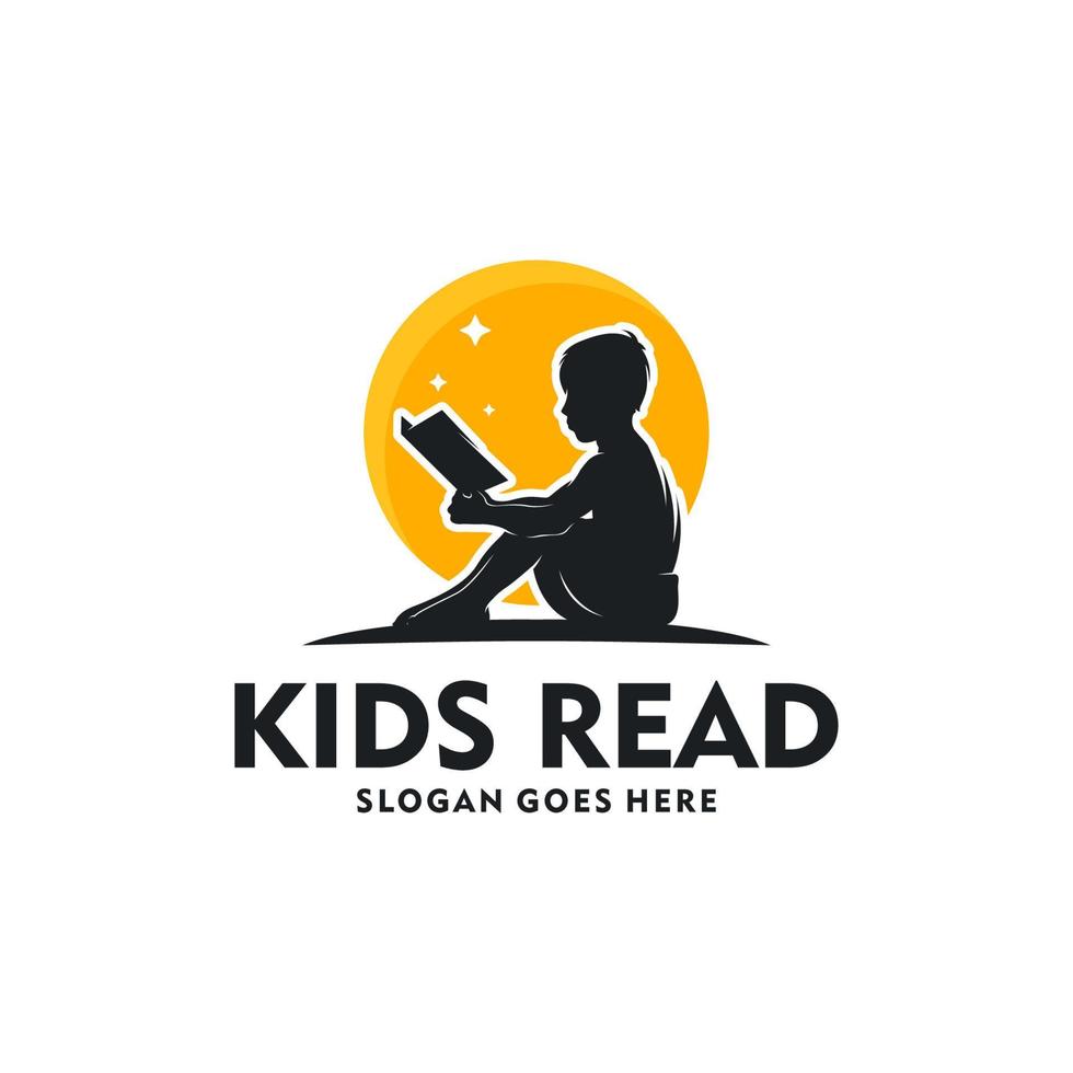 Cute little boy reading book logo design vector