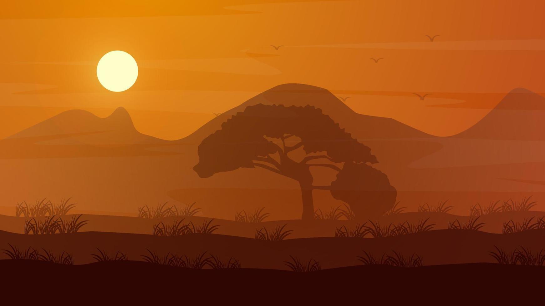 Africa nature landscape with silhoutte animals flat illustration vector