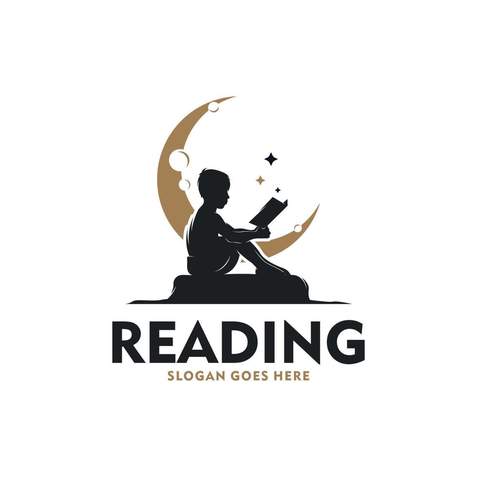 Cute little boy reading book on the moon logo design vector