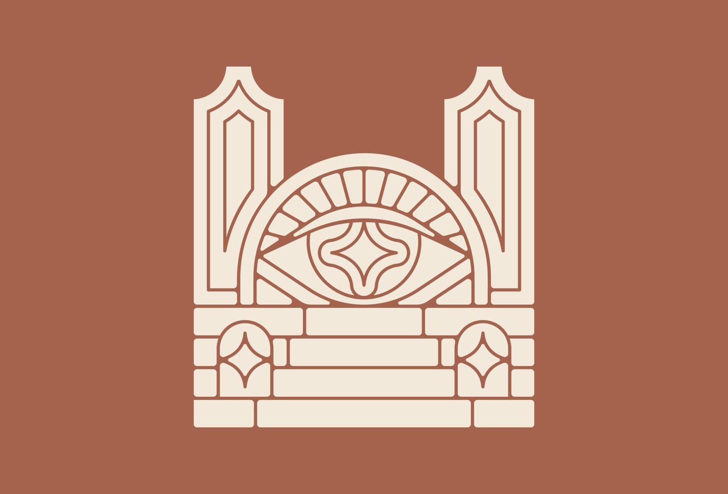 escaleras antiguas y puerta con ilustración de insignia de emblema de chispa ocular vector