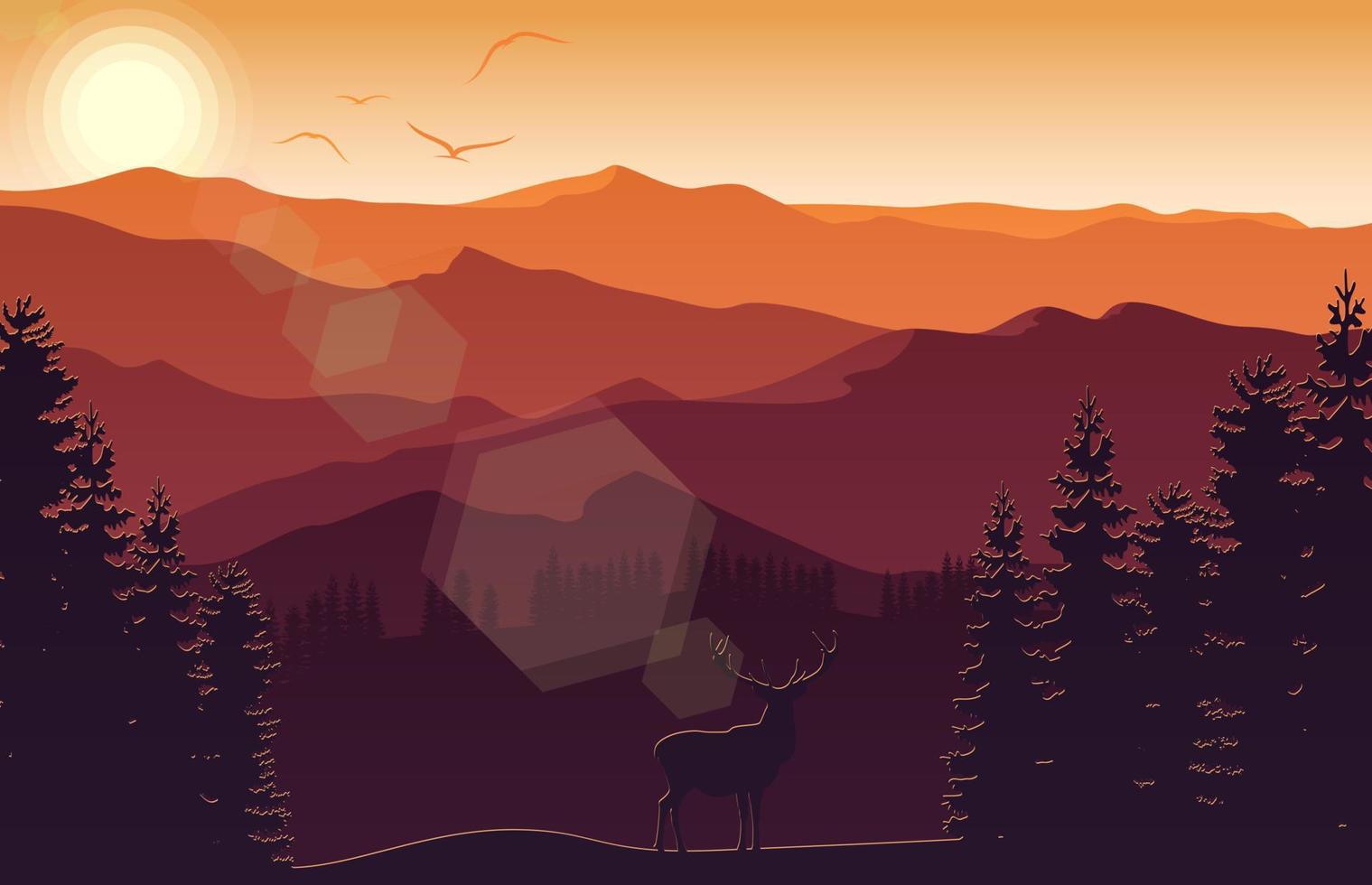 paisaje de montaña con ciervos y bosques al atardecer vector