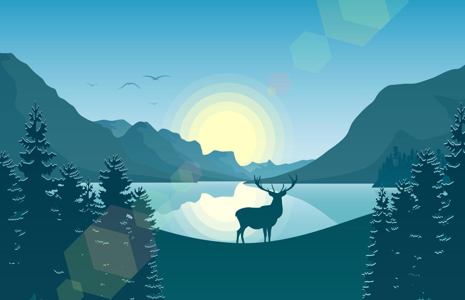 Vector illustration of Mountain landscape with deer and forest at morning