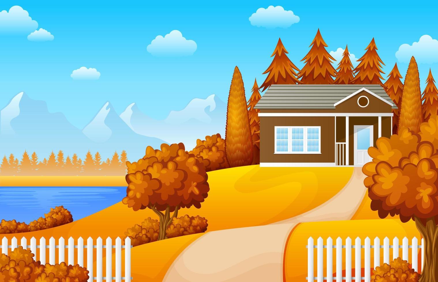 Vector illustration of Mountain landscape with family house in fall season